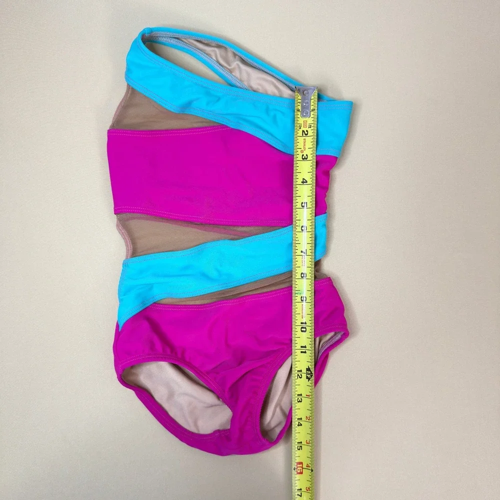 AA Dance Costumes FLORIDA Leotard Pink Blue Mesh Cut Out Child Med CM Photoshoot